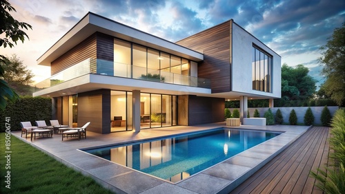 Modern house exterior with sleek design and stylish pool , luxury, architecture, modern, home, exterior, pool, design