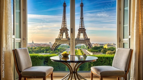 Eiffel Tower view from hotel window with table and chairs setup, Eiffel Tower, Paris, France, hotel room, window view photo