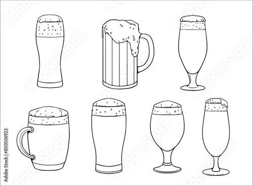 Outline vector drawing with different beer glasses. Beer glass to color in.