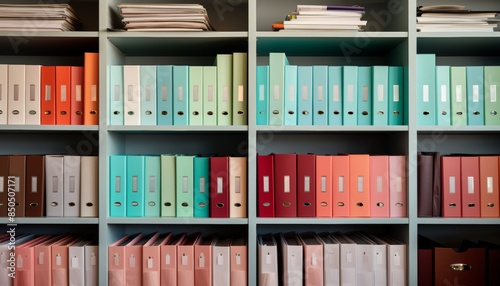 Vibrant business document folders on office shelves, front view of varied professional covers