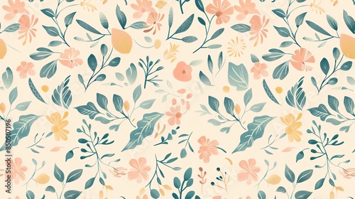 Whimsical pastel-colored floral and leaf pattern, hand-drawn seamless design