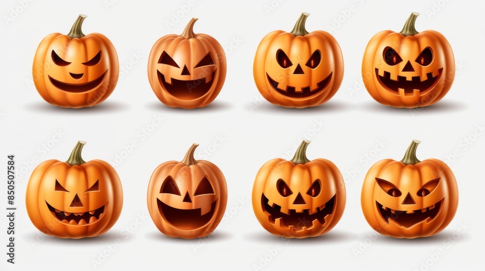 Eight jack-o'-lanterns, each with a unique carving and expression, presented on a clean white background Eight jack-o'-lanterns, each with a unique carving and expression, presented on a clean white background