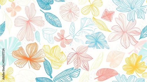 Whimsical seamless floral and leaf design in pastel colors, hand-drawn