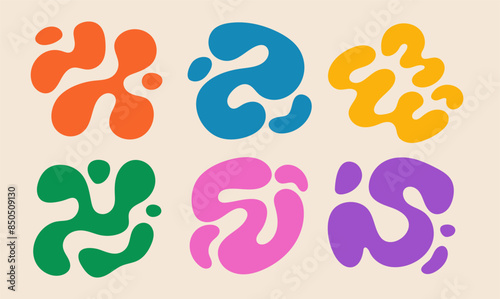 Set of abstract amorphous organic blob. Flowing fluid multicolor shape. Hand drawn doodle elements. Design print