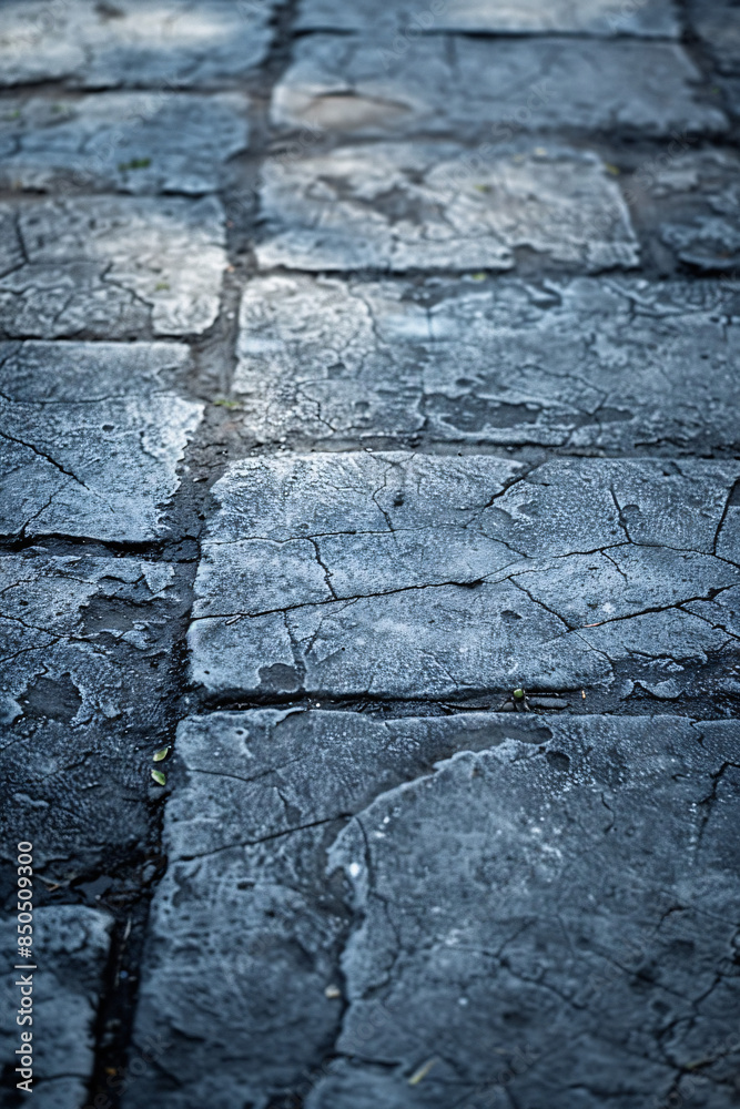Close-up of a stone pavement with large uneven slabs showing cracks and signs of wear partially illuminated Close-up of a stone pavement with large uneven slabs showing cracks and signs of wear partially illuminated