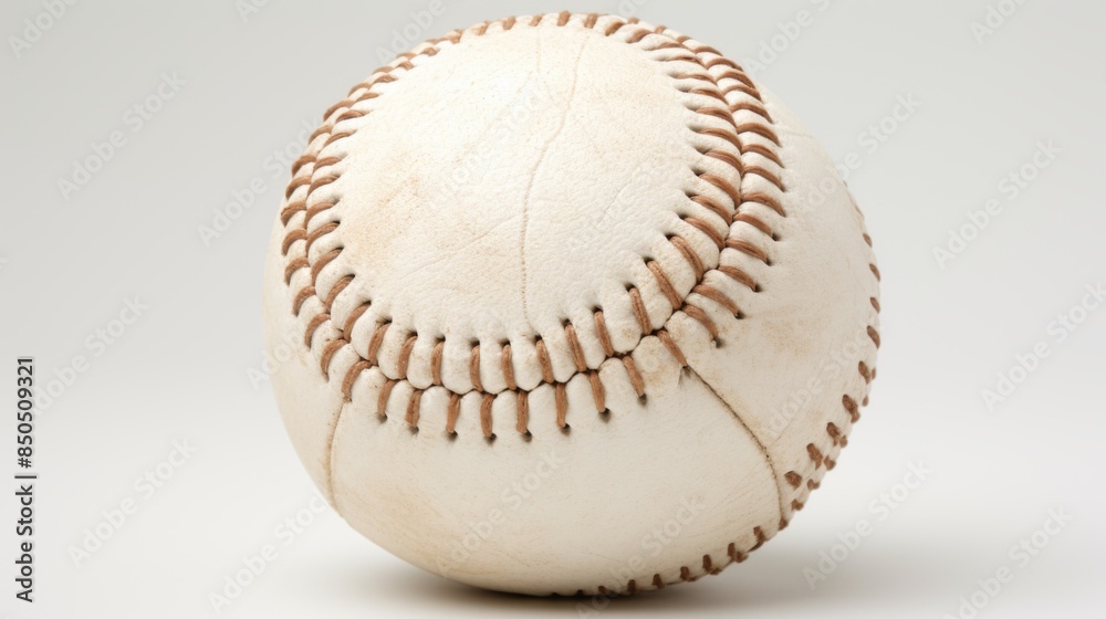A classic, used baseball with distinct red stitching is the focal point against a stark white background A classic, used baseball with distinct red stitching is the focal point against a stark white background
