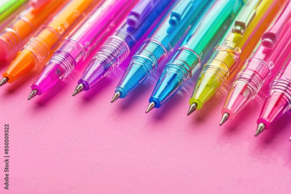 Pens. Multicolored Pens on Pink Background, Bright and Colourful Object Alignment Pens. Multicolored Pens on Pink Background, Bright and Colourful Object Alignment