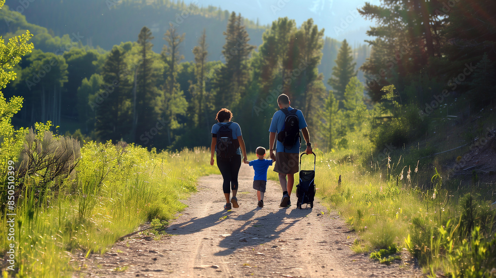Happy family walking in nature. Father, mother and son on a country road.
