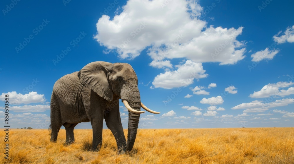 Fototapeta premium An African elephant stands majestic on a grassy savanna under a wide blue sky with clouds