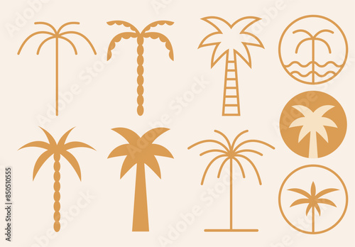 Set of tropical palm tree outline logotype. Abstract summer and vacation badge and emblem for holiday rentals. Design element