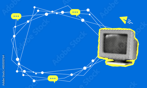 Y2k style halftone old computer. Modern collage. Internet network. Communication and connection concept. Global social network. Data analytics concept.