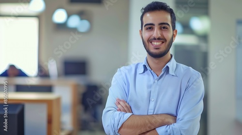 Young arab man smiling confident standing with arms crossed gesture at office : Generative AI