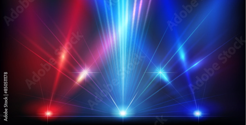 Abstract Colorful Geometry Red and Blue Neon Background with Bright Ray Halo in Retro Wave Style. Vector clip art for your night party design.
