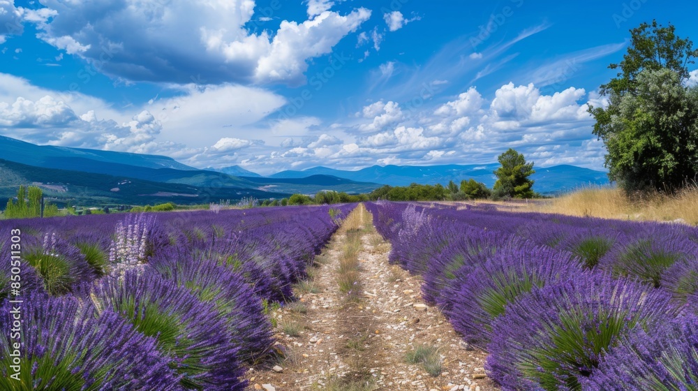 A scenic view of vibrant lavender fields under a picturesque sky with wispy clouds and mountain backdrop A scenic view of vibrant lavender fields under a picturesque sky with wispy clouds and mountain backdrop