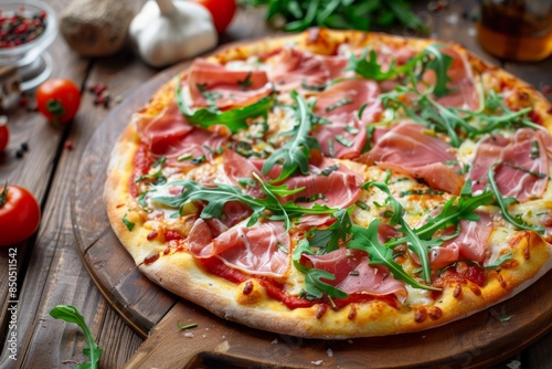 Freshly baked pizza with prosciutto and arugula on wooden table