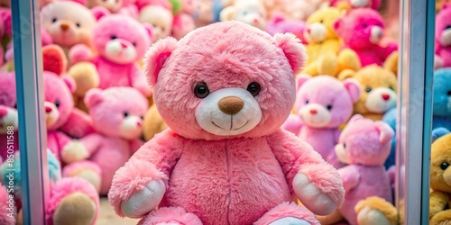 Adorable pink teddy bear surrounded by plush toys in a claw machine , teddy bear, pink, adorable, plush toys © tammanoon