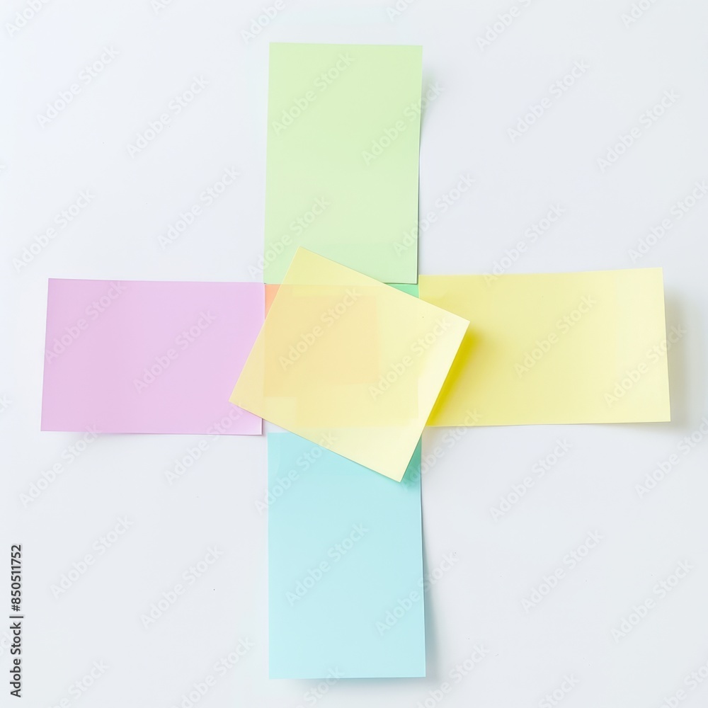 Five sticky notes forming a cross shape with a mix of bright and pastel colors on a white background. Five sticky notes forming a cross shape with a mix of bright and pastel colors on a white background.