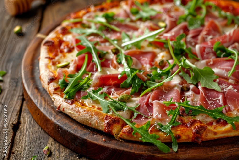 Delicious prosciutto and arugula pizza on wooden board Delicious prosciutto and arugula pizza on wooden board