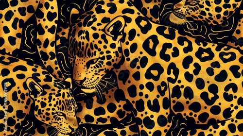 A striking piece of artwork showcasing multiple leopard faces over a golden spotted leopard print