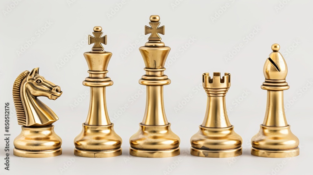 Golden chess pieces such as king, queen, knight, bishop, and pawn are seen on a white background. Golden chess pieces such as king, queen, knight, bishop, and pawn are seen on a white background.