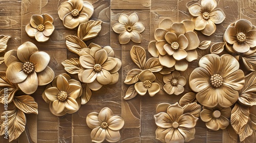 Fototapeta Naklejka Na Ścianę i Meble -  Golden 3D floral wooden wall tiles for a stylish traditional touch. Available in a set from Ceramic Industries.