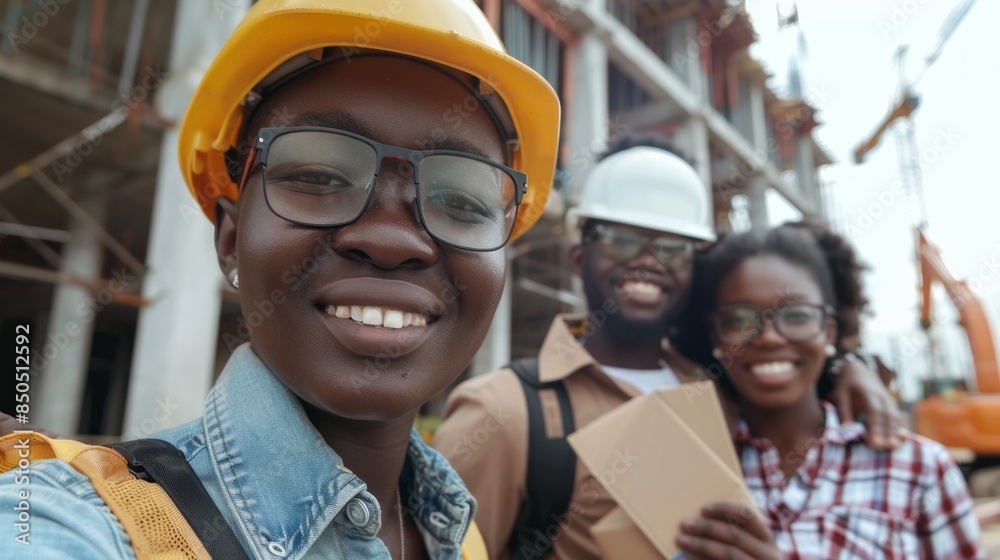 A group of three people, two of whom are wearing hard hats A group of three people, two of whom are wearing hard hats