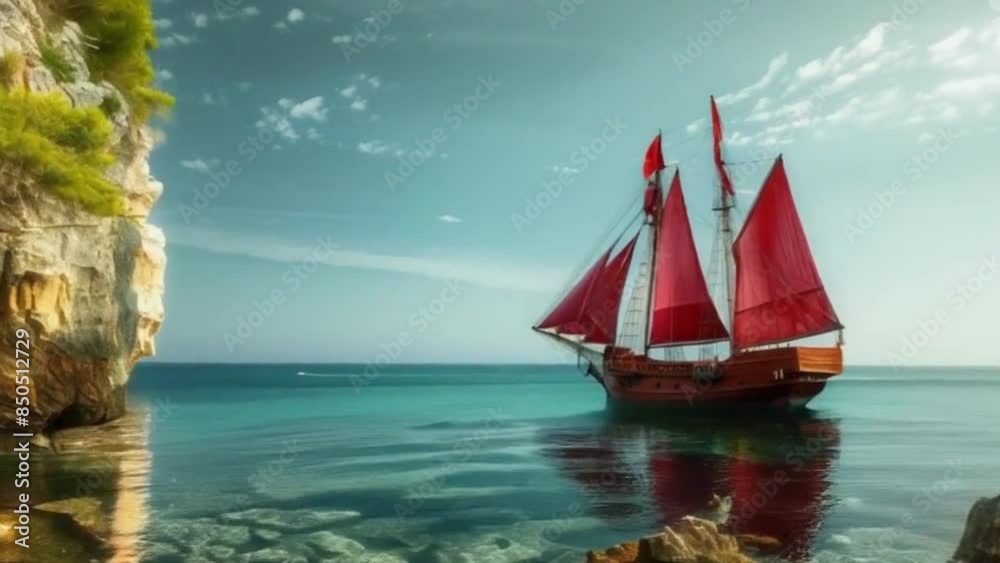 Ship with Scarlet Sails on the Sea Horizon in a Romantic Style with Vibrant Colors for Adventure Concept Ship with Scarlet Sails on the Sea Horizon in a Romantic Style with Vibrant Colors for Adventure Concept