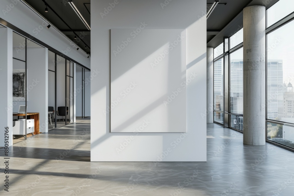 Fototapeta premium Mockup of blank wall with poster in office room created with Generative AI