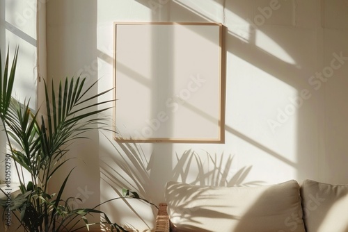 Lonely frame on wall next to couch and potted plant in cozy living room with natural light © VICHIZH