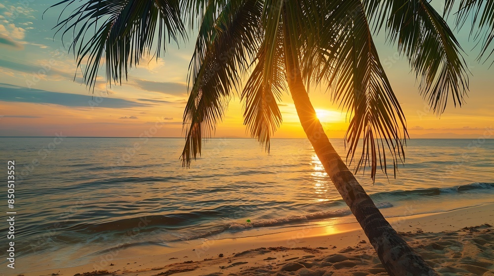 Fototapeta premium Island palm tree sea sand beach Panoramic beach landscape Inspire tropical beach seascape horizon Orange and golden sunset sky calmness tranquil relaxing summer mood Vacation travel ho : Generative AI