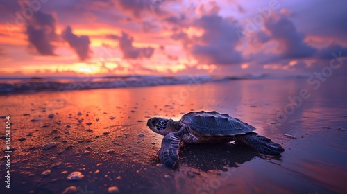 Sea turtle on the beach during a colorful sunset photo