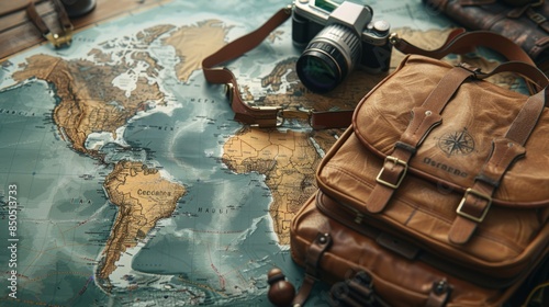 Travel essentials with map and camera on a rustic table photo