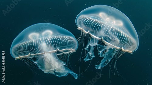Jellyfish, known as Rhizostoma pulmo, float effortlessly in the ocean depths. With their translucent bodies, they resemble graceful parachutes, drifting through the water like ethereal dancers.
