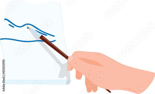 Hand holding pencil correcting line graph vector illustration. Edit fluctuating performance chart paper. Hand drafts adjustments downward trend financial report isolated white background