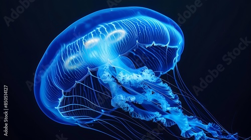 blue jellyfish swimming in deep ocean shot on side view4k footage with clean alpha channel You can see the enhanced detail and realism of the jelly fish so the clips are usable for clo : Generative AI photo