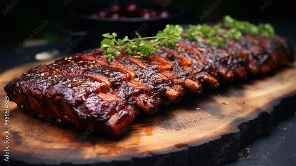 Succulent barbecue pork ribs with a shiny glaze on a wooden cutting board, ready to be served Succulent barbecue pork ribs with a shiny glaze on a wooden cutting board, ready to be served