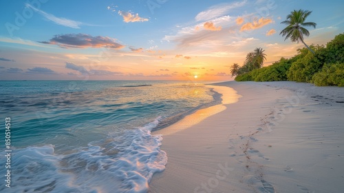 Fototapeta Naklejka Na Ścianę i Meble -  Scenic view of a serene beach with golden sunset
