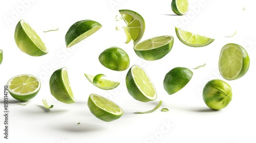 Green lime flying with sliced pieces and shadow on a white background