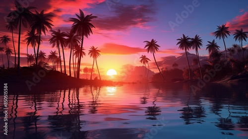 Colourful Sunset on a Paradise Island with Palm Trees, Silhouettes and Glossy Reflective Water.