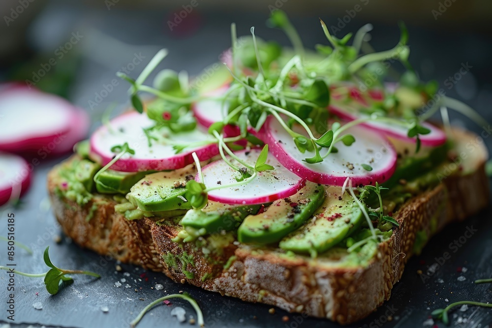 A delicious - looking avocado toast topped with radish slices and microgreens A delicious - looking avocado toast topped with radish slices and microgreens