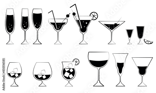 Set of black and white silhouettes of cocktails and alcoholic drinks. Martini, vodka, tequila, whiskey, cognac, champagne, sparkling wine, cocktails