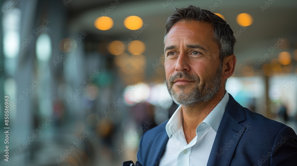 A mature, confident businessman in a suit stands at the airport with a reflective expression A mature, confident businessman in a suit stands at the airport with a reflective expression