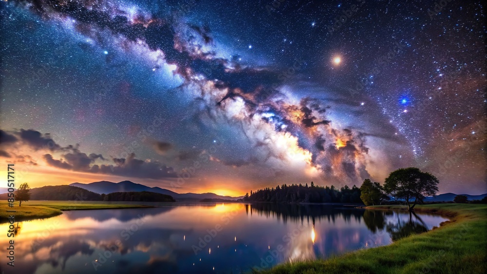 Ethereal Milky Way galaxy over a serene landscape, starry night, celestial, beauty, twinkling stars, night sky, ethereal