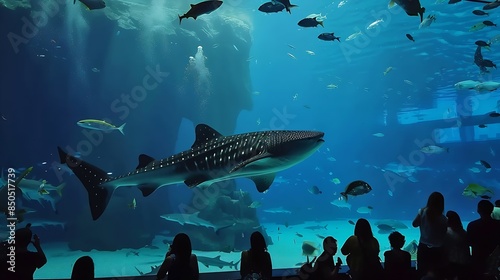 Okinawa Aquarium 4K with Beautiful Whale sharks and various kinds of fish swimming in the main tank Silhouettes of People observing fish at the aquarium Location Okinawa Churaumi Aquar : Generative AI photo