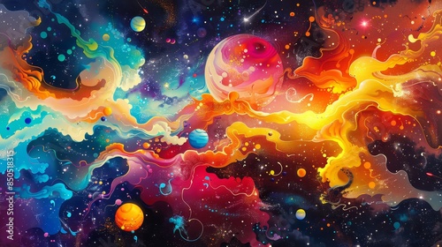 Vibrant colors and abstract shapes interlocking against cosmic backdrops backdrop photo