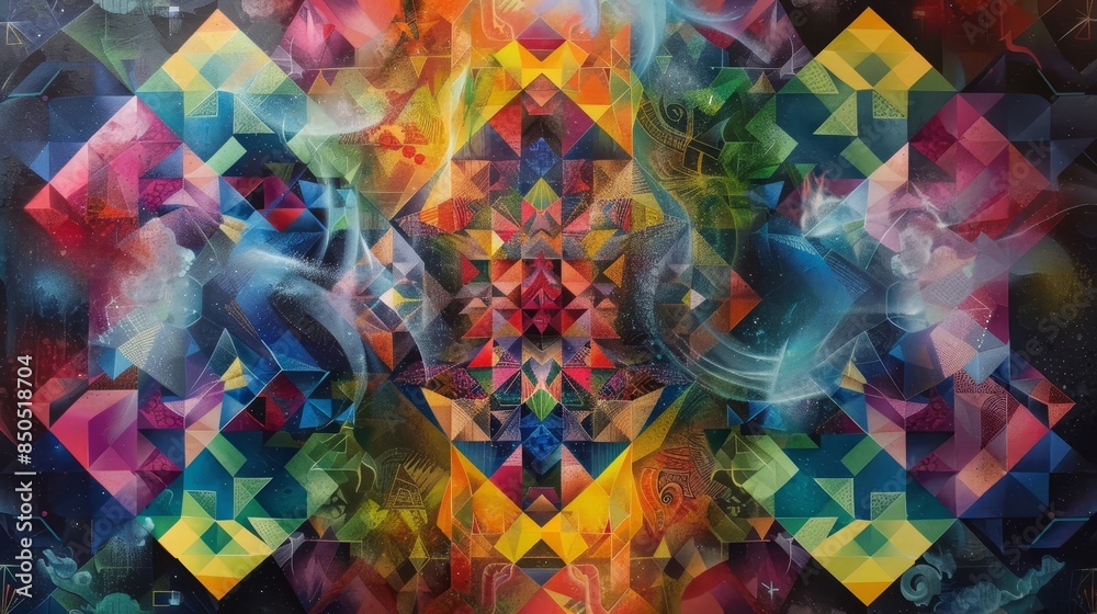 Fototapeta premium Kaleidoscopic geometric patterns with vibrant hues and iridescent smoke backdrop