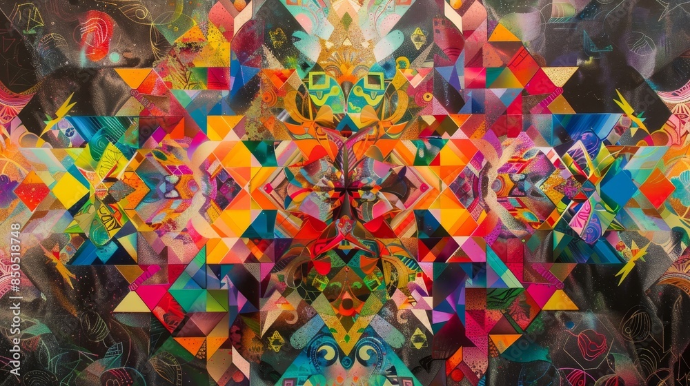 Vibrant geometric patterns with iridescent smoke creating surrealism backdrop Vibrant geometric patterns with iridescent smoke creating surrealism backdrop