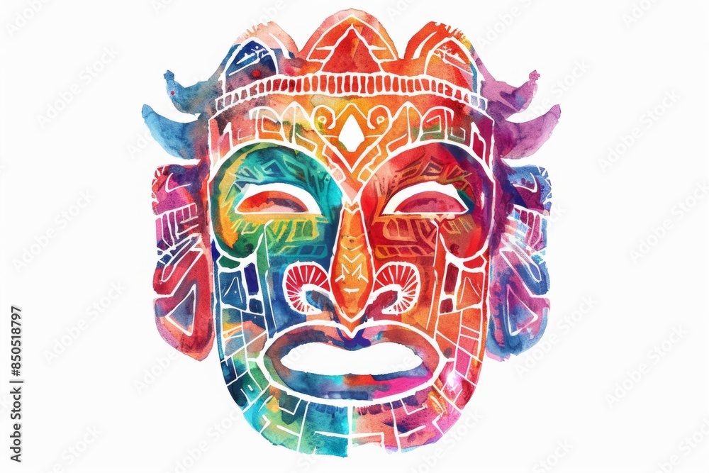 Obraz premium Vivid watercolor illustration of a Tongan mask in flat design style