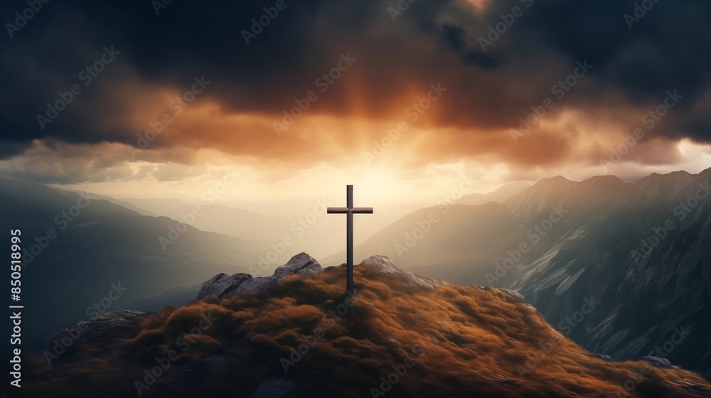 Crucifix at the top of a Mountain with Sunlight Breaking through the Clouds. Inspirational Christian Image. Crucifix at the top of a Mountain with Sunlight Breaking through the Clouds. Inspirational Christian Image.