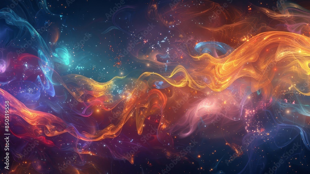 Swirling colors and mist illuminated by stars create Diwali's luminous beauty backdrop Swirling colors and mist illuminated by stars create Diwali's luminous beauty backdrop